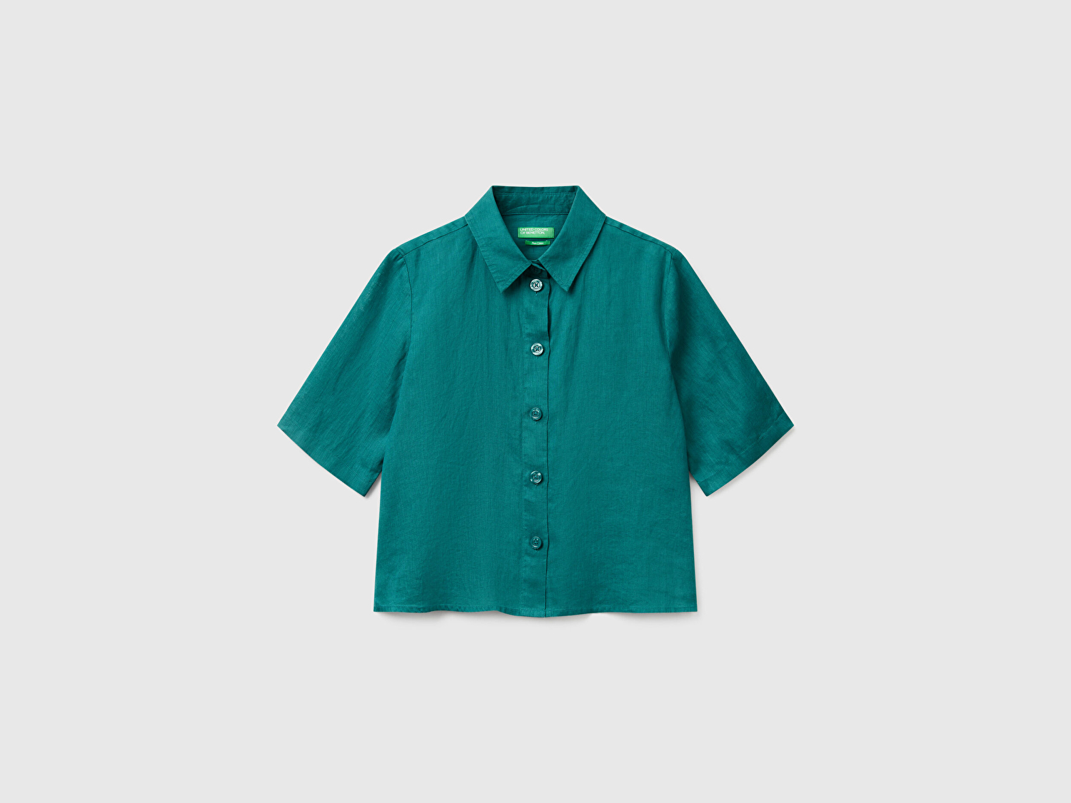 Benetton Kadın Koyu Yeşil %100 Keten Yarım Kollu Düz Gömlek