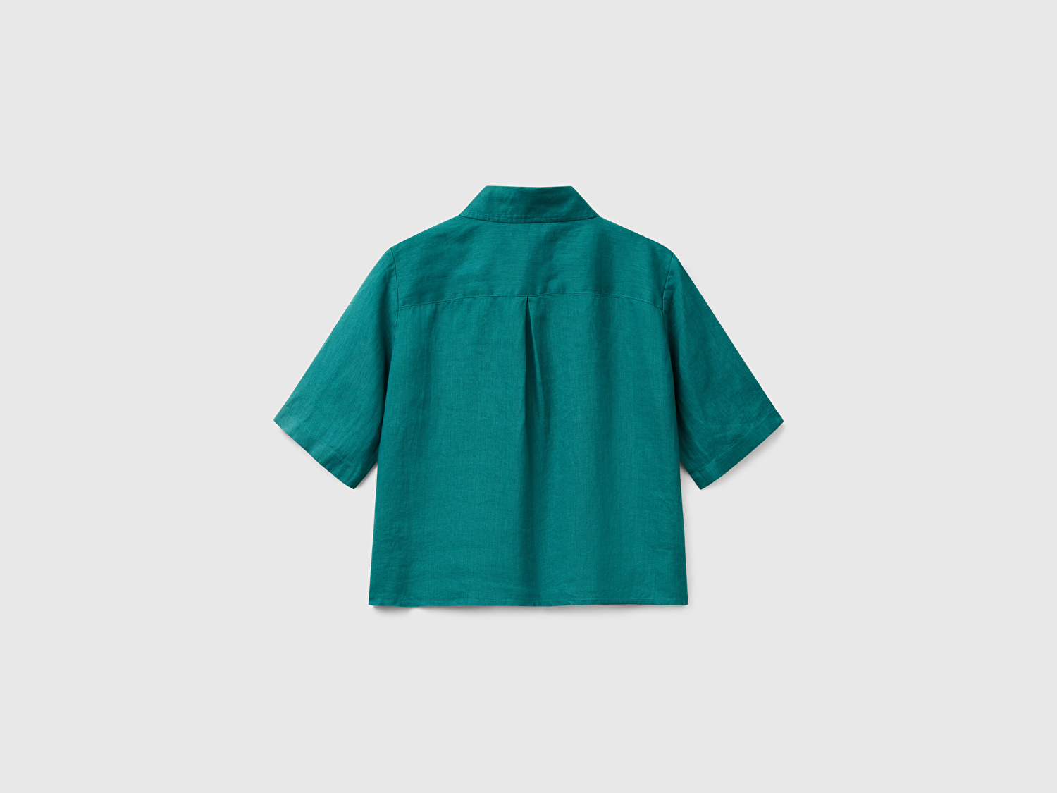 Benetton Kadın Koyu Yeşil %100 Keten Yarım Kollu Düz Gömlek