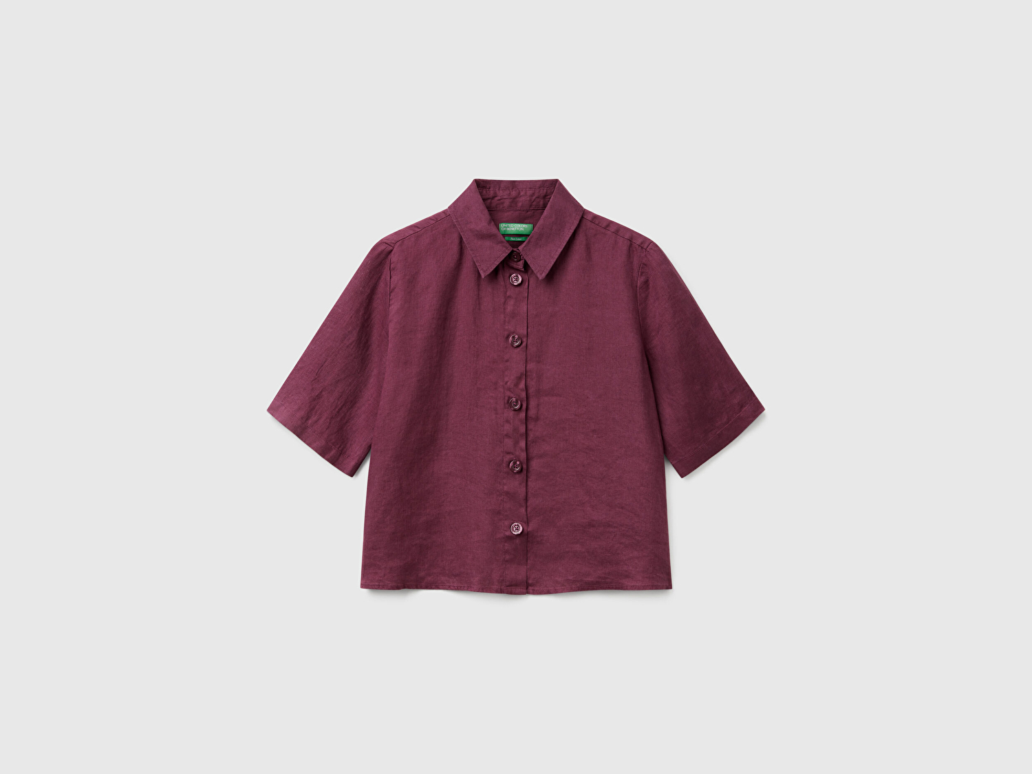 Benetton Kadın Mürdüm %100 Keten Yarım Kollu Düz Gömlek