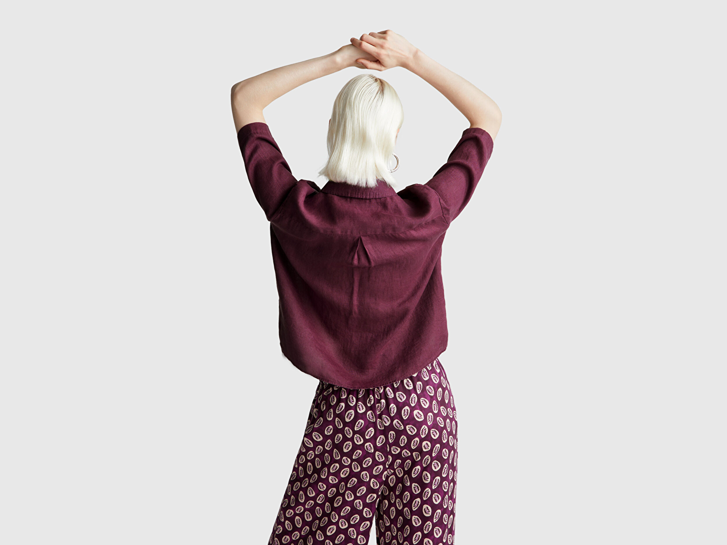 Benetton Kadın Mürdüm %100 Keten Yarım Kollu Düz Gömlek