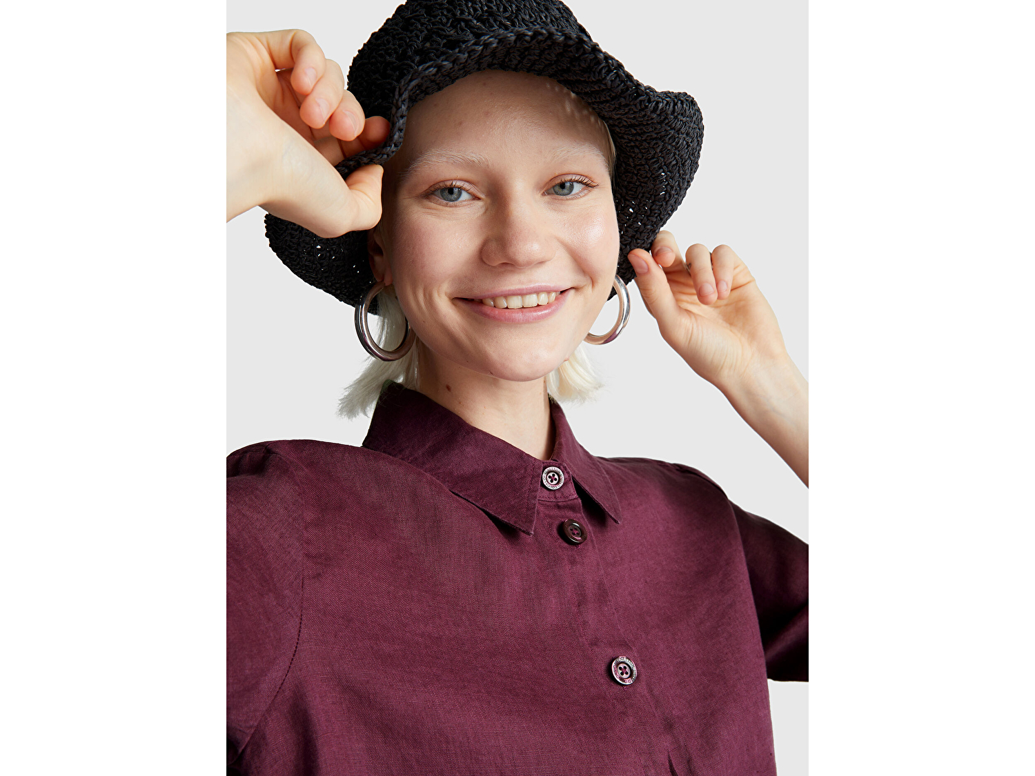 Benetton Kadın Mürdüm %100 Keten Yarım Kollu Düz Gömlek