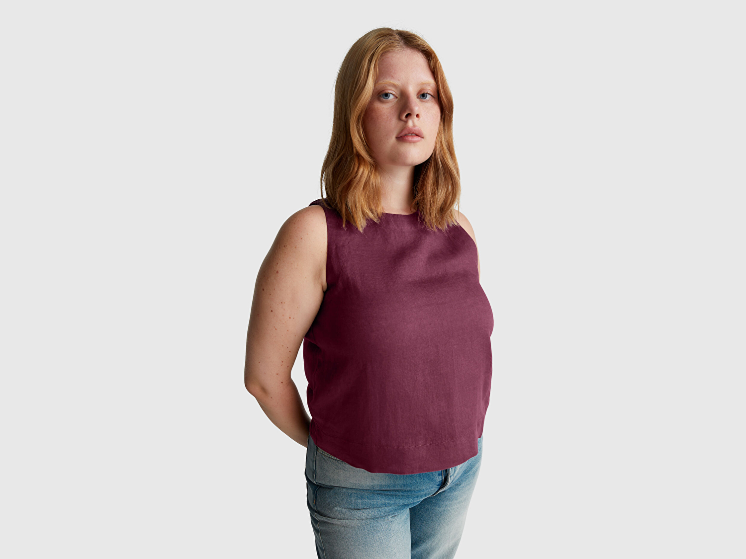 Benetton Kadın Mürdüm %100 Keten Kolsuz Bluz