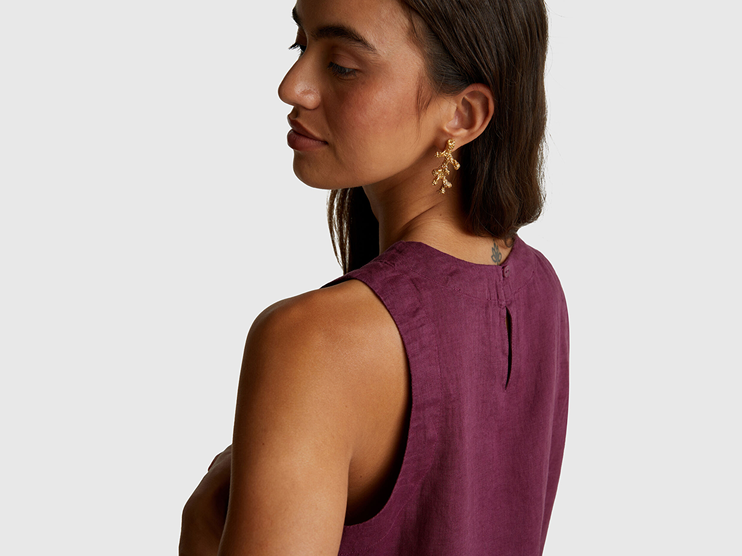 Benetton Kadın Mürdüm %100 Keten Kolsuz Bluz