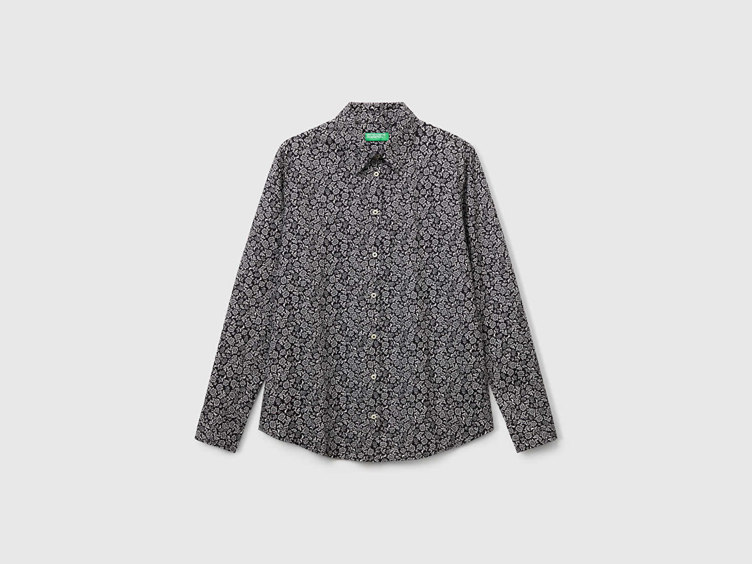 Benetton Kadın Koyu Gri %100 Pamuk Desenli Manşetli Regular Fit Müslin Gömlek