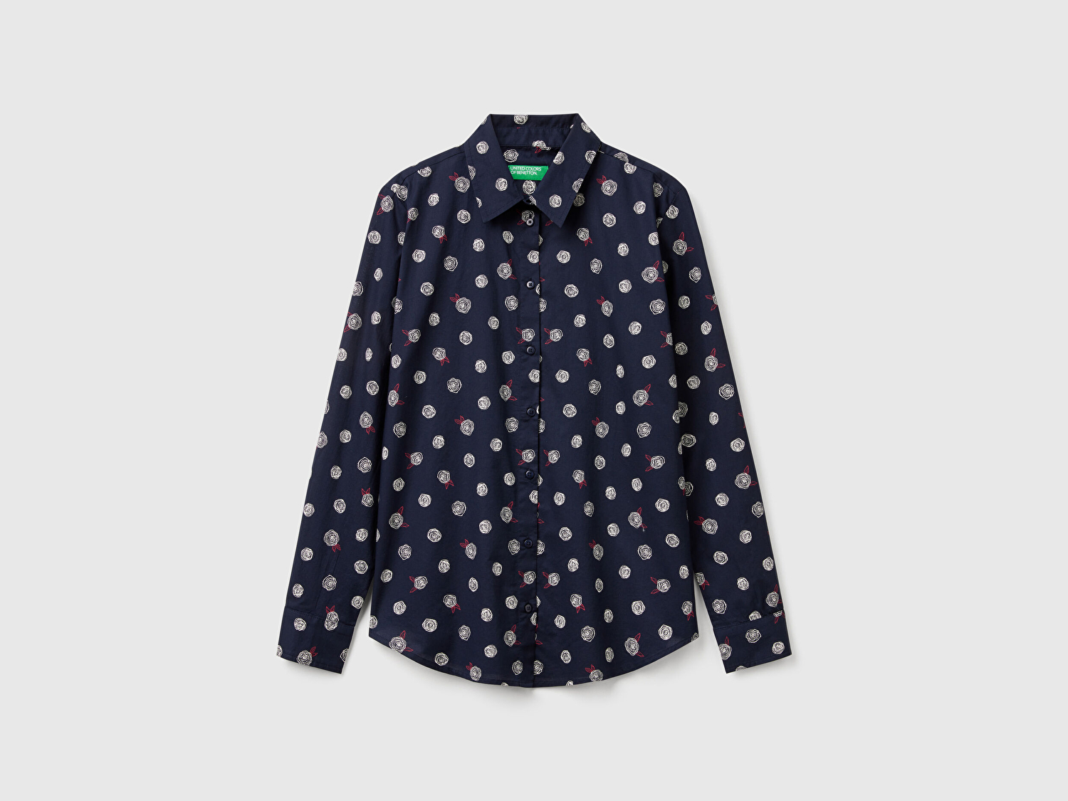 Benetton Kadın Lacivert  %100 Pamuk Desenli Manşetli Regular Fit Müslin Gömlek
