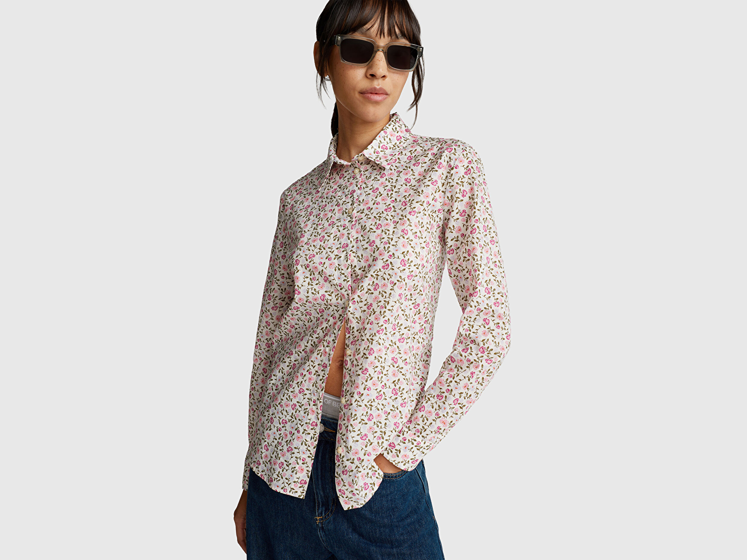Benetton Kadın Toz Pembe %100 Pamuk Desenli Manşetli Regular Fit Müslin Gömlek