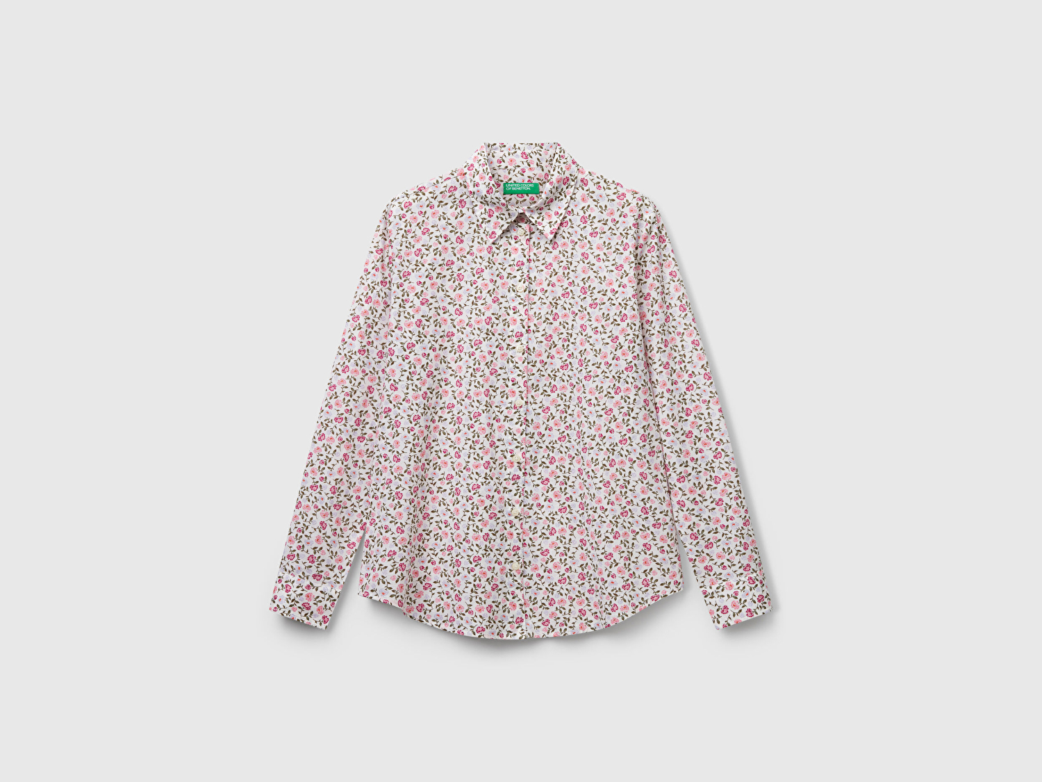Benetton Kadın Toz Pembe %100 Pamuk Desenli Manşetli Regular Fit Müslin Gömlek