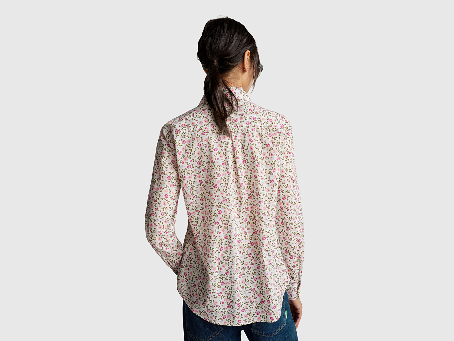 Benetton Kadın Toz Pembe %100 Pamuk Desenli Manşetli Regular Fit Müslin Gömlek