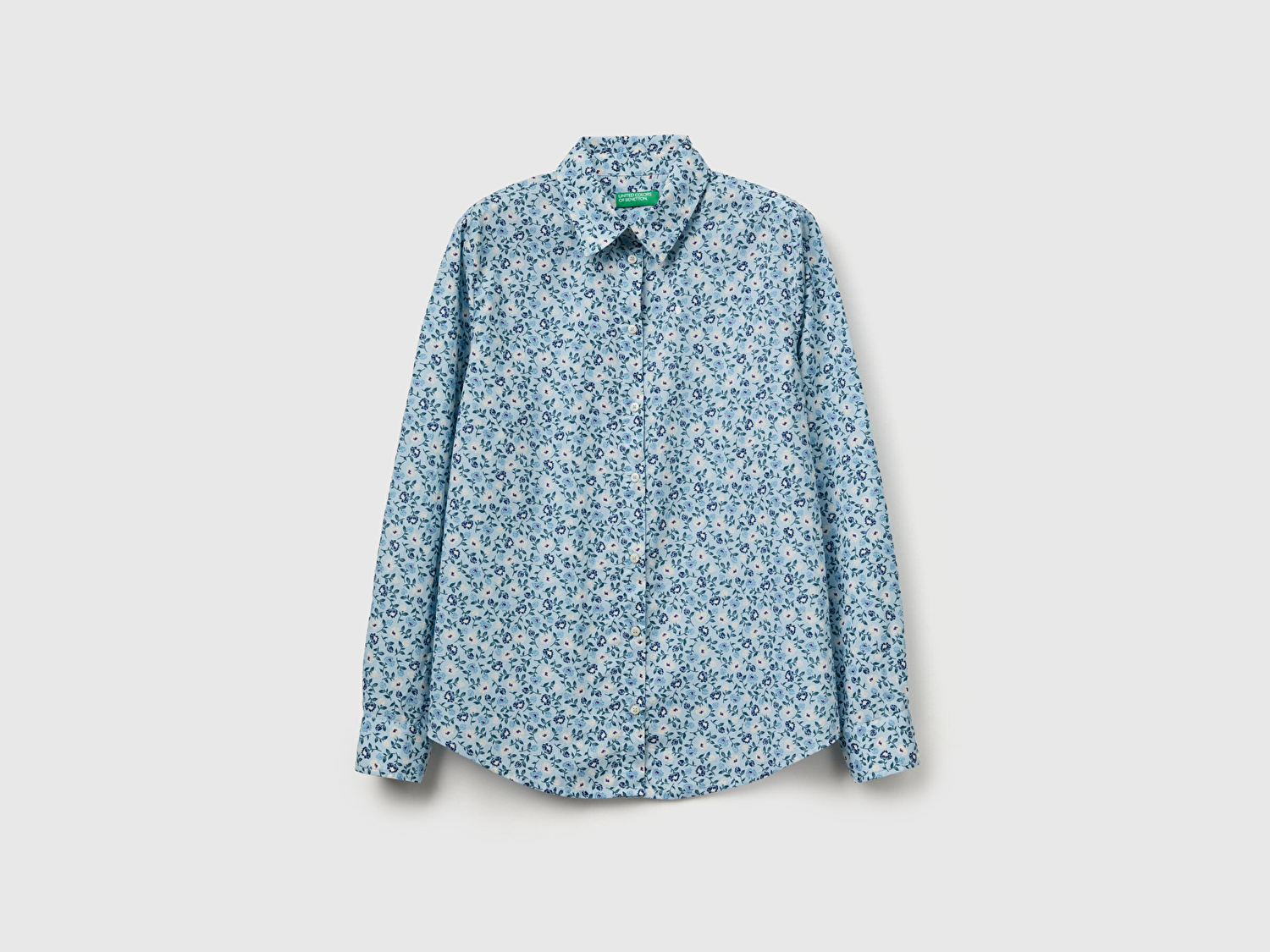 Benetton Kadın Mavi Mix %100 Pamuk Desenli Manşetli Regular Fit Müslin Gömlek