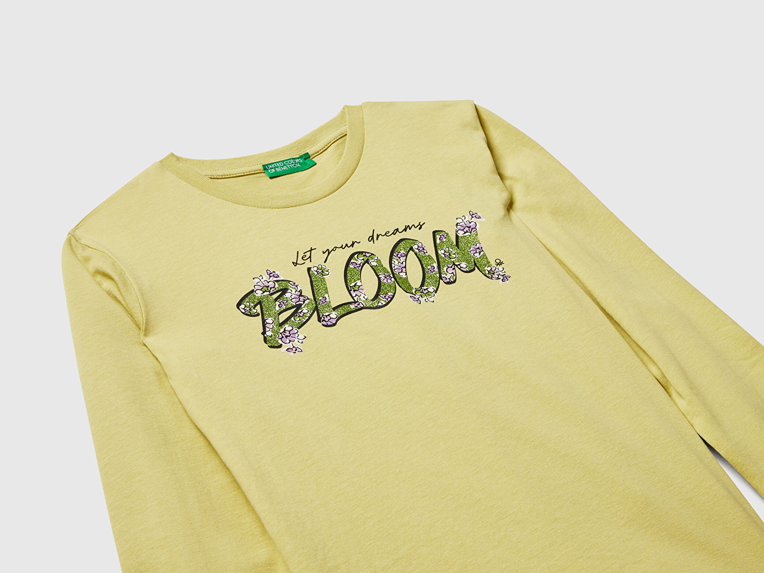 Kız Çocuk Hardal Önü Simli Baskılı Ribana Yakalı Uzun Kollu T-shirt