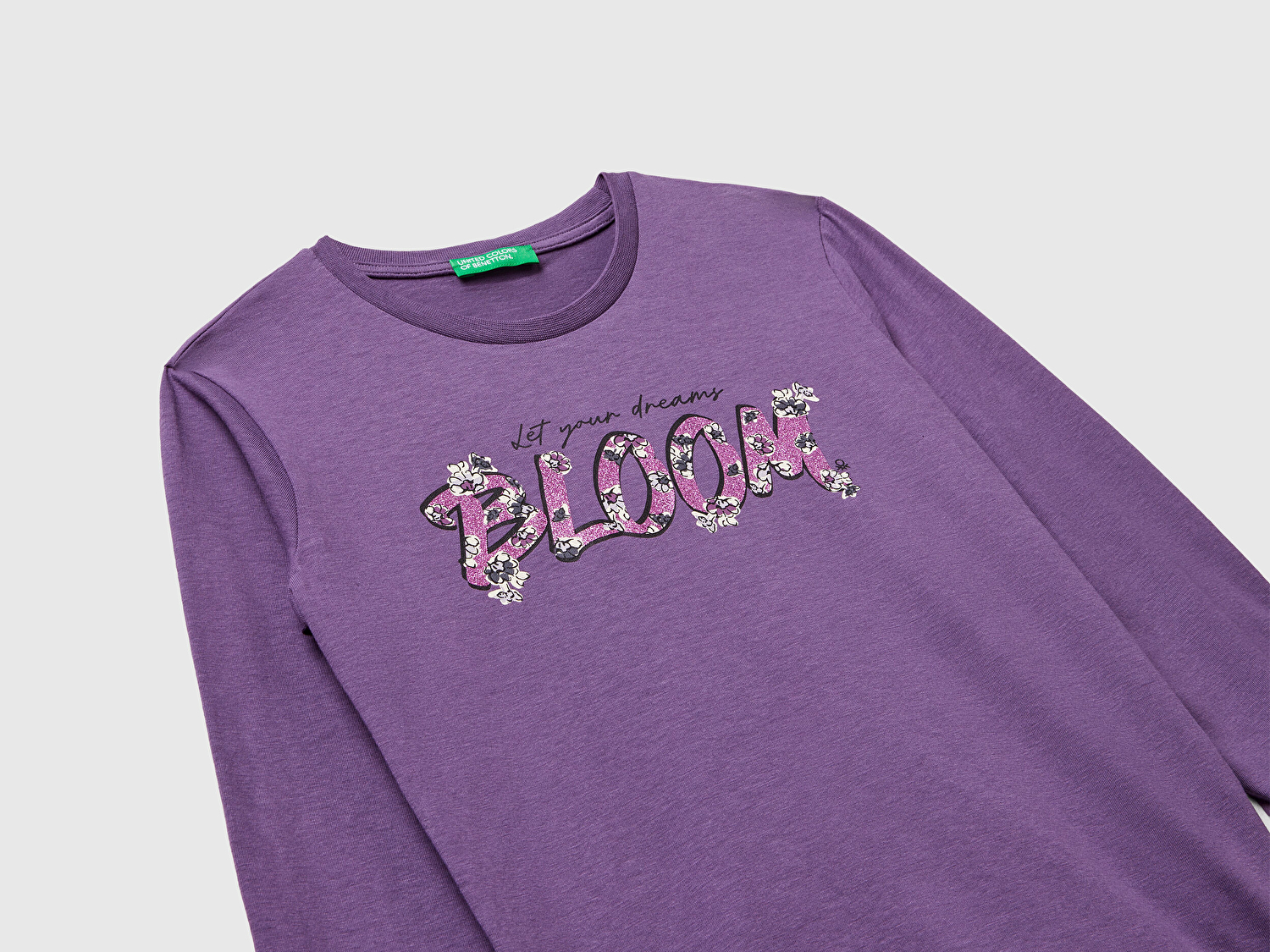 Kız Çocuk Mor Önü Simli Baskılı Ribana Yakalı Uzun Kollu T-shirt