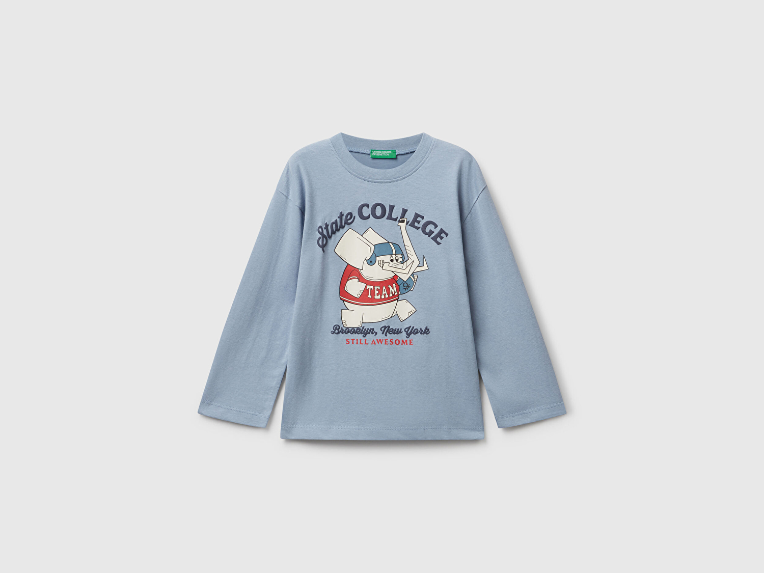 Benetton Erkek Bebek Mavi Baskılı Bisiklet Yaka Uzun Kollu T-shirt