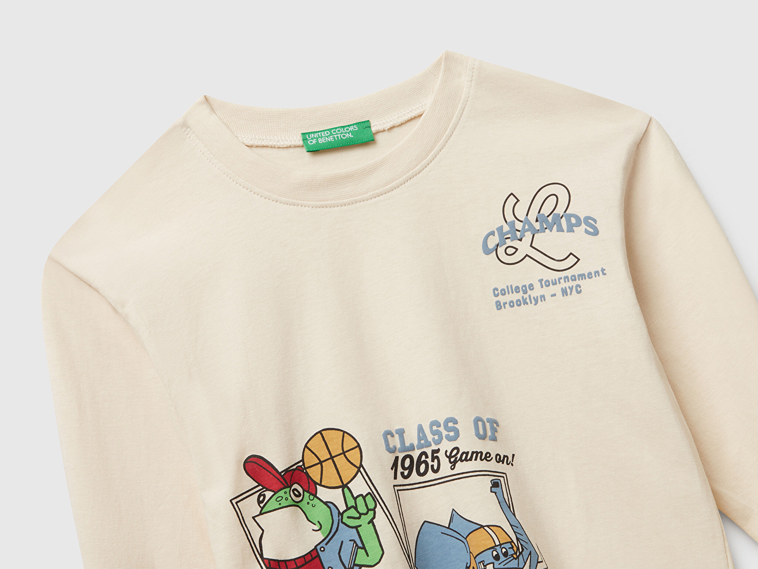 Benetton Erkek Bebek Krem Baskılı Bisiklet Yaka Uzun Kollu T-shirt
