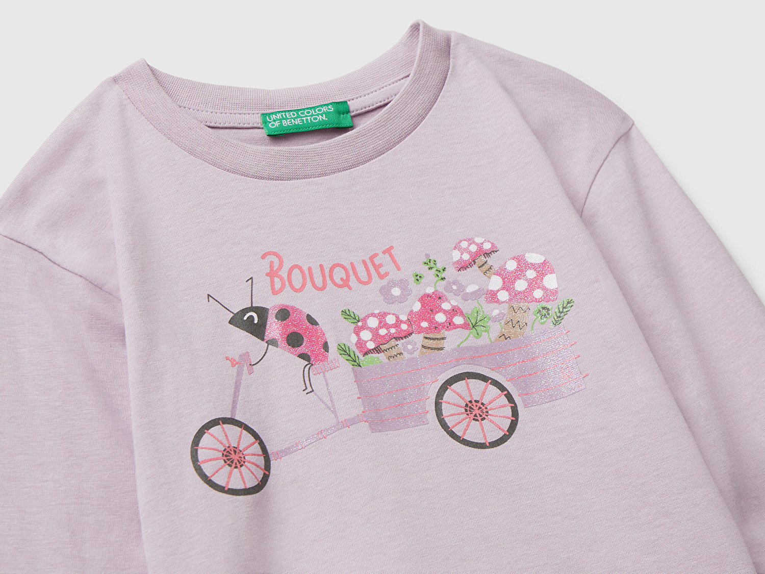 Benetton Kız Bebek Lila Önü Parıltılı Baskılı Bisiklet Yaka Uzun Kollu T-shirt