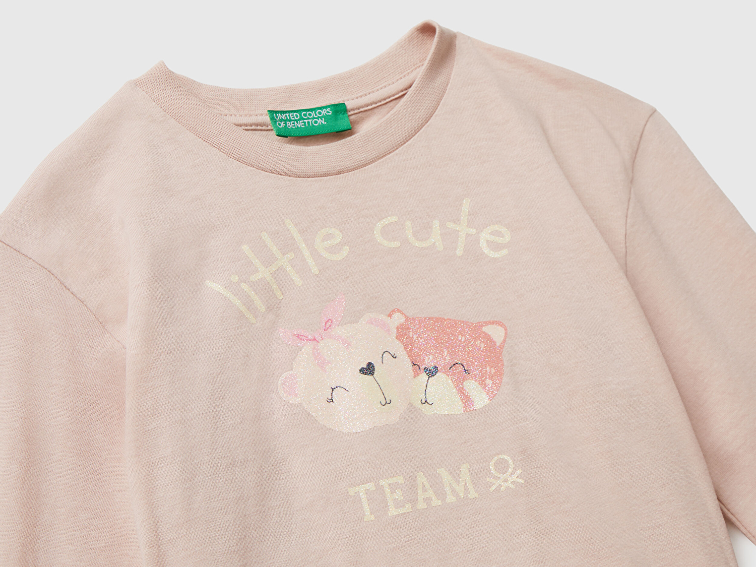 Benetton Kız Bebek Toz Pembe Önü Parıltılı Baskılı Bisiklet Yaka Uzun Kollu T-shirt