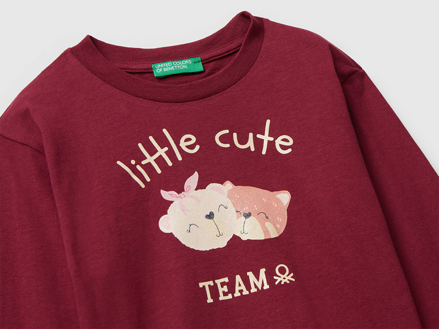 Benetton Kız Bebek Bordo Önü Parıltılı Baskılı Bisiklet Yaka Uzun Kollu T-shirt