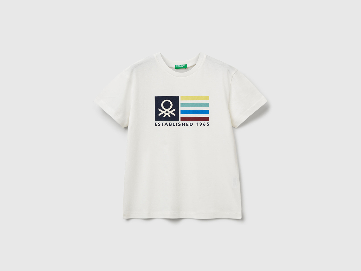 Benetton Erkek Çocuk Ekru Önü Logo Baskılı Bisiklet Yaka T-shirt