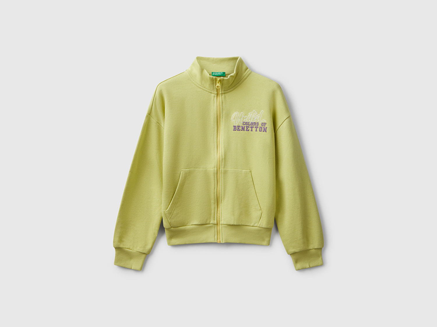 Benetton Kız Çocuk Hardal Önü Logo Nakışlı Cepli Fermuarlı Dik Yaka Sweatshirt