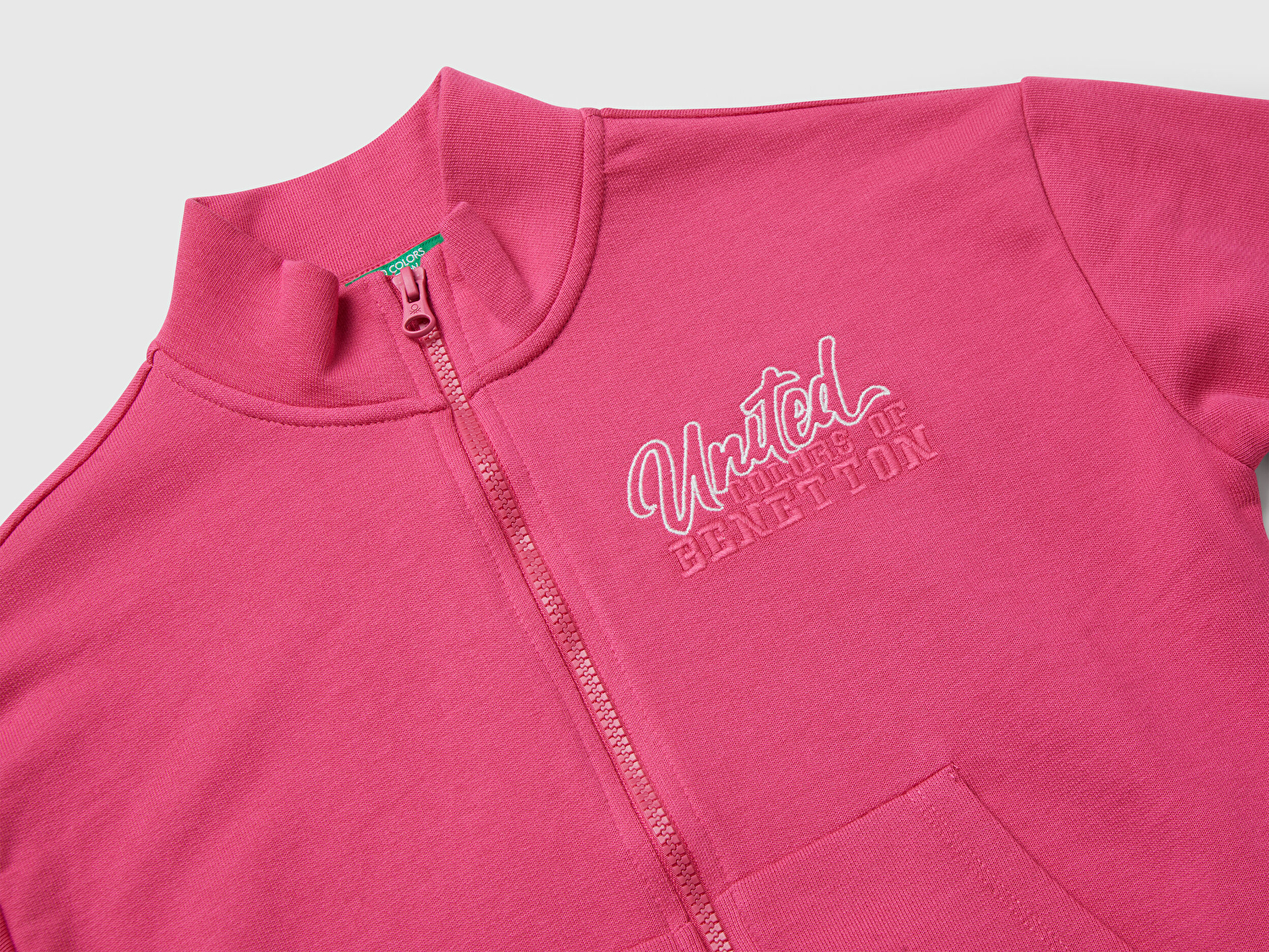 Benetton Kız Çocuk Pembe Önü Logo Nakışlı Cepli Fermuarlı Dik Yaka Sweatshirt
