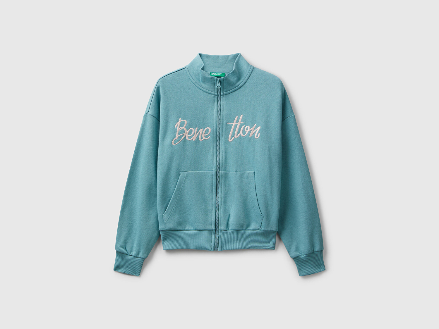 Benetton Kız Çocuk Su Yeşili Önü Logo Nakışlı Cepli Fermuarlı Dik Yaka Sweatshirt