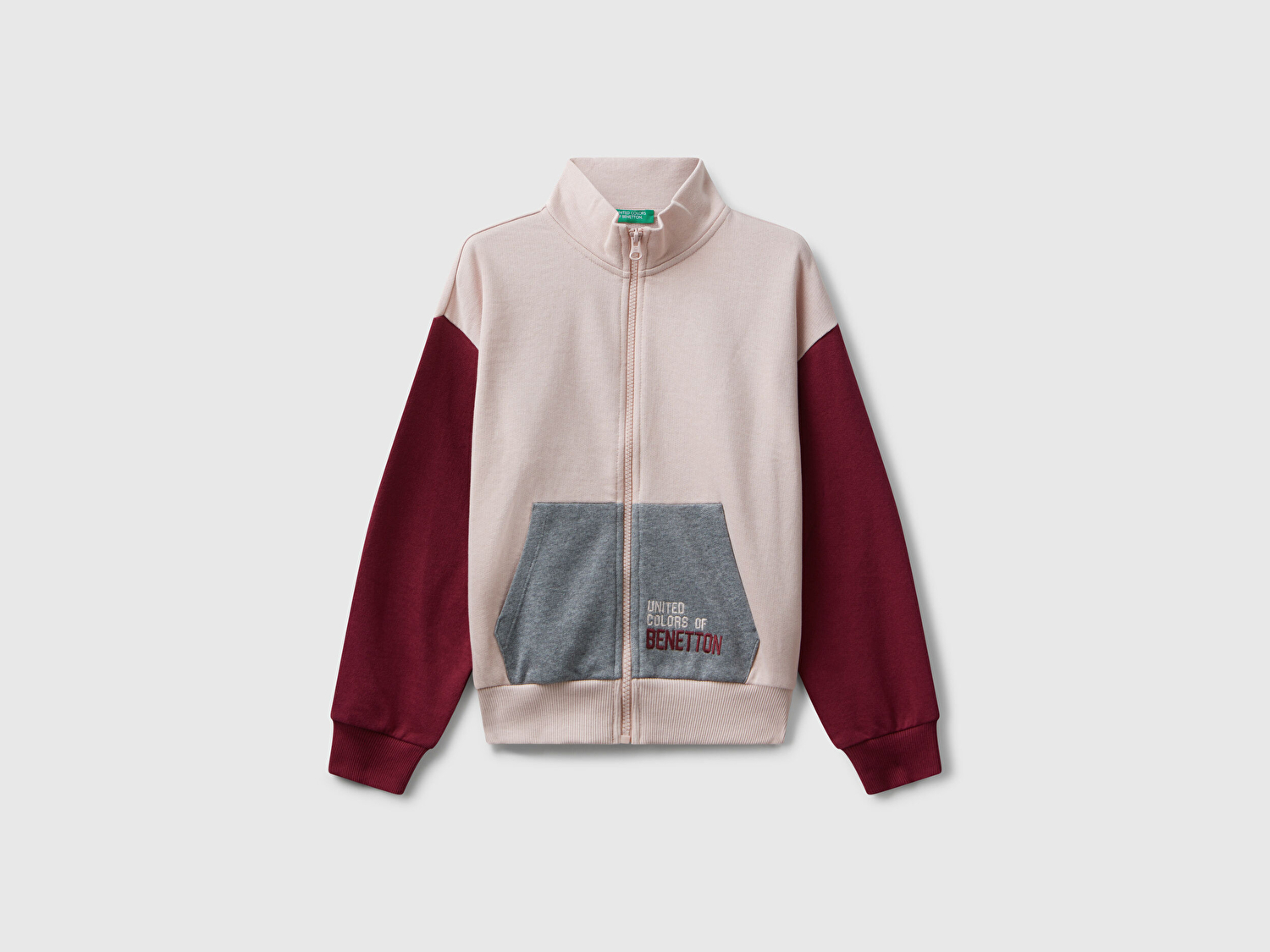 Benetton Kız Çocuk Pembe Mix Önü Logo Nakışlı Cepli Fermuarlı Dik Yaka Sweatshirt