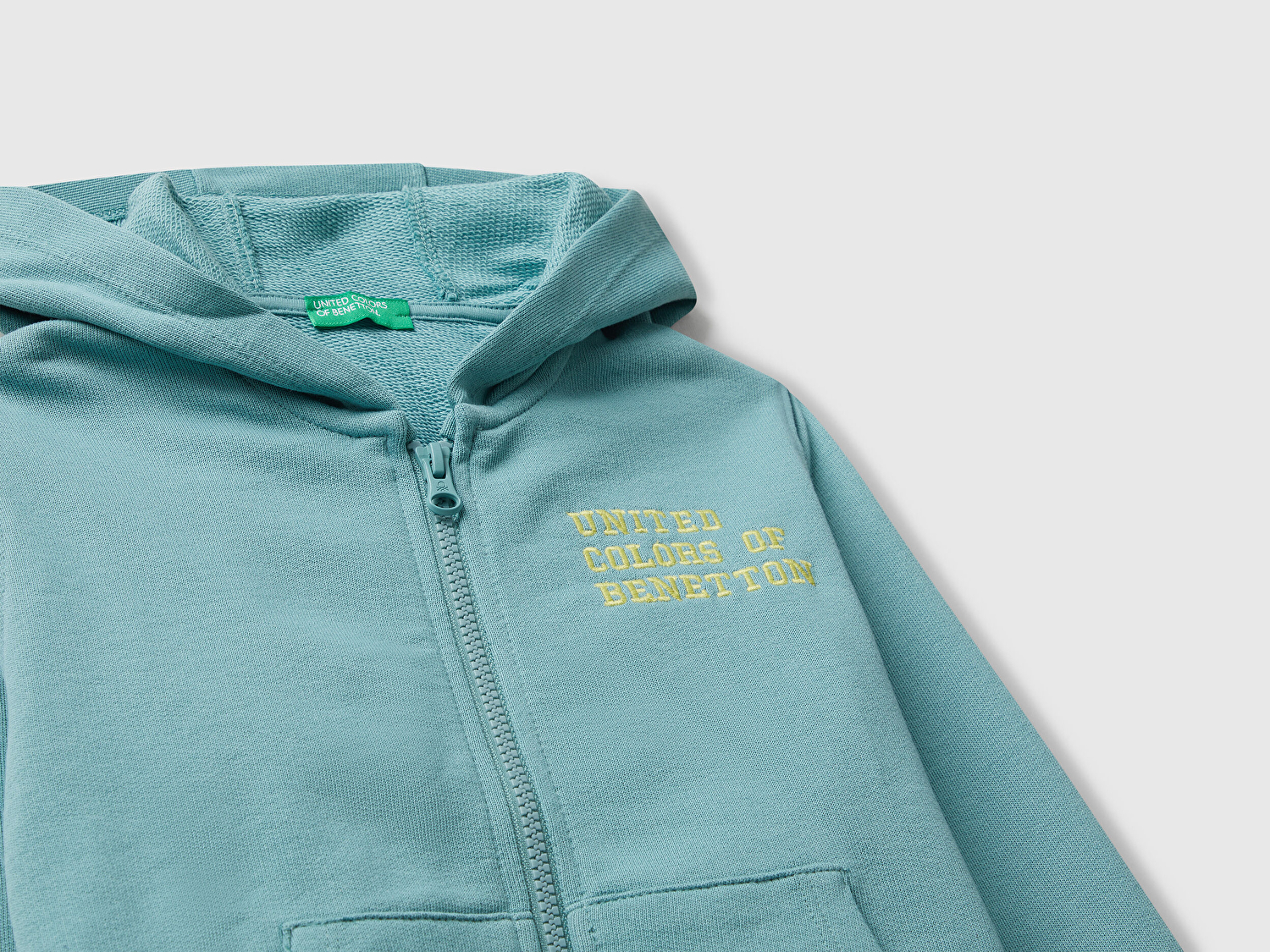 Benetton Erkek Bebek Gri-Yeşil Önü Logo Baskılı Fermuarlı Kapüşonlu Sweatshirt