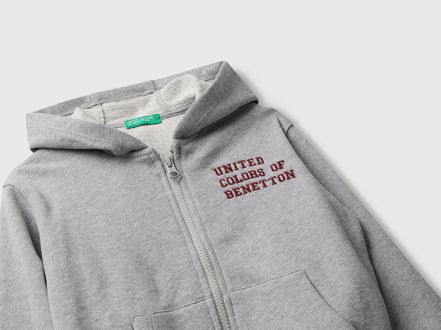 Benetton Erkek Bebek Gri Melanj Önü Logo Baskılı Fermuarlı Kapüşonlu Sweatshirt