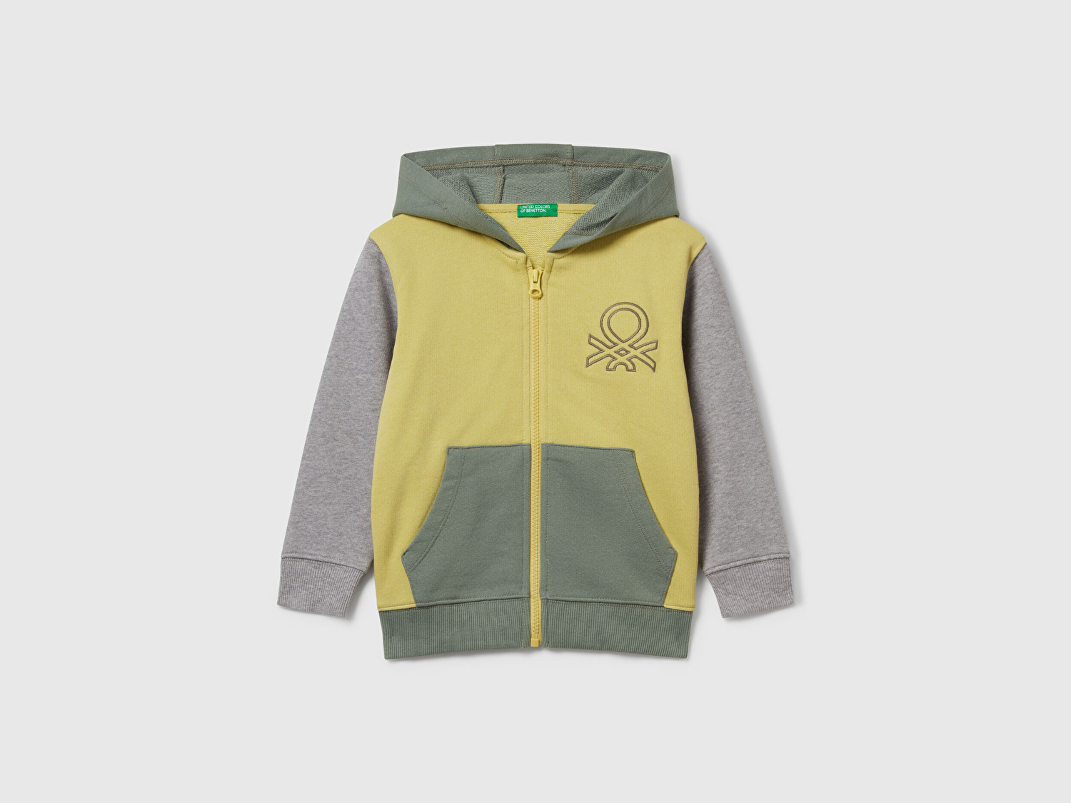 Benetton Erkek Bebek Sarı-Gri Önü Logo Baskılı Fermuarlı Kapüşonlu Sweatshirt