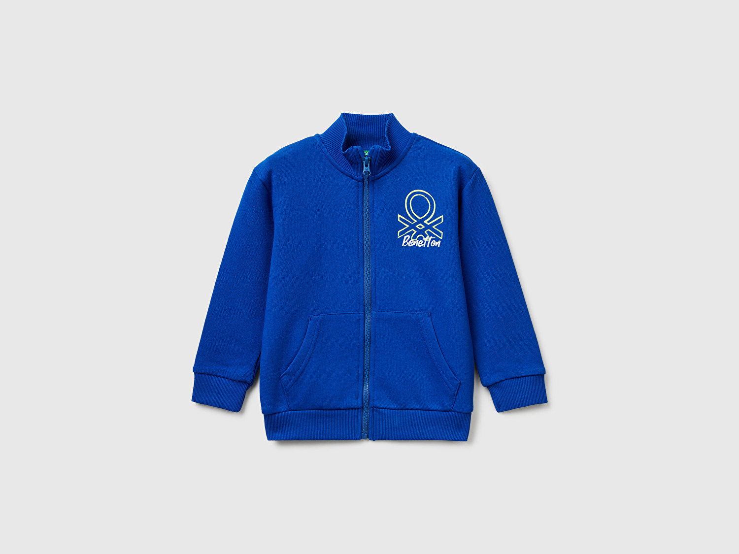 Benetton Erkek Bebek Saks Mavisi Logo Detaylı Önü Fermuarlı Ribana Detaylı Sweatshirt