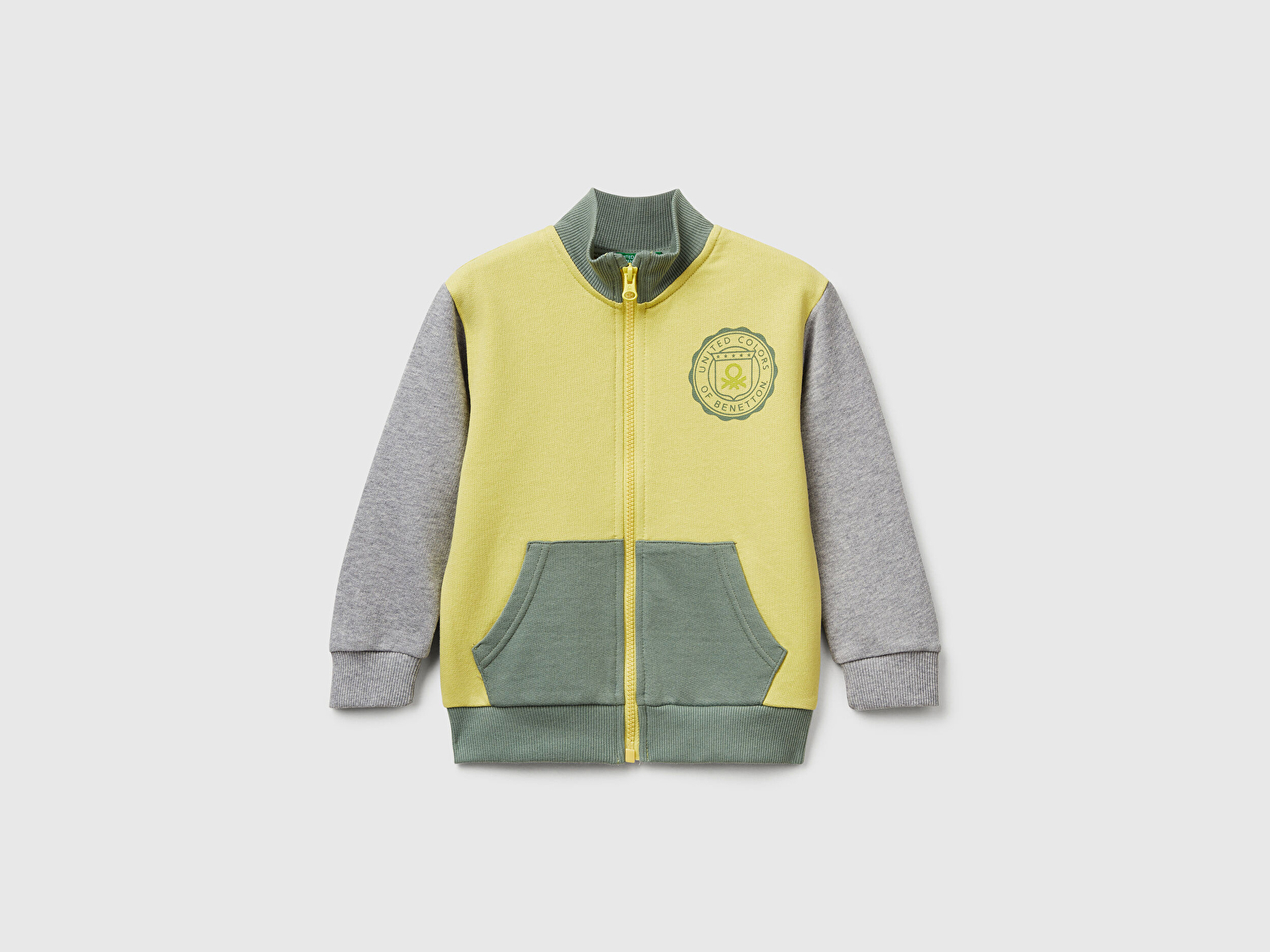 Benetton Erkek Bebek Sarı-Gri Logo Detaylı Önü Fermuarlı Ribana Detaylı Sweatshirt