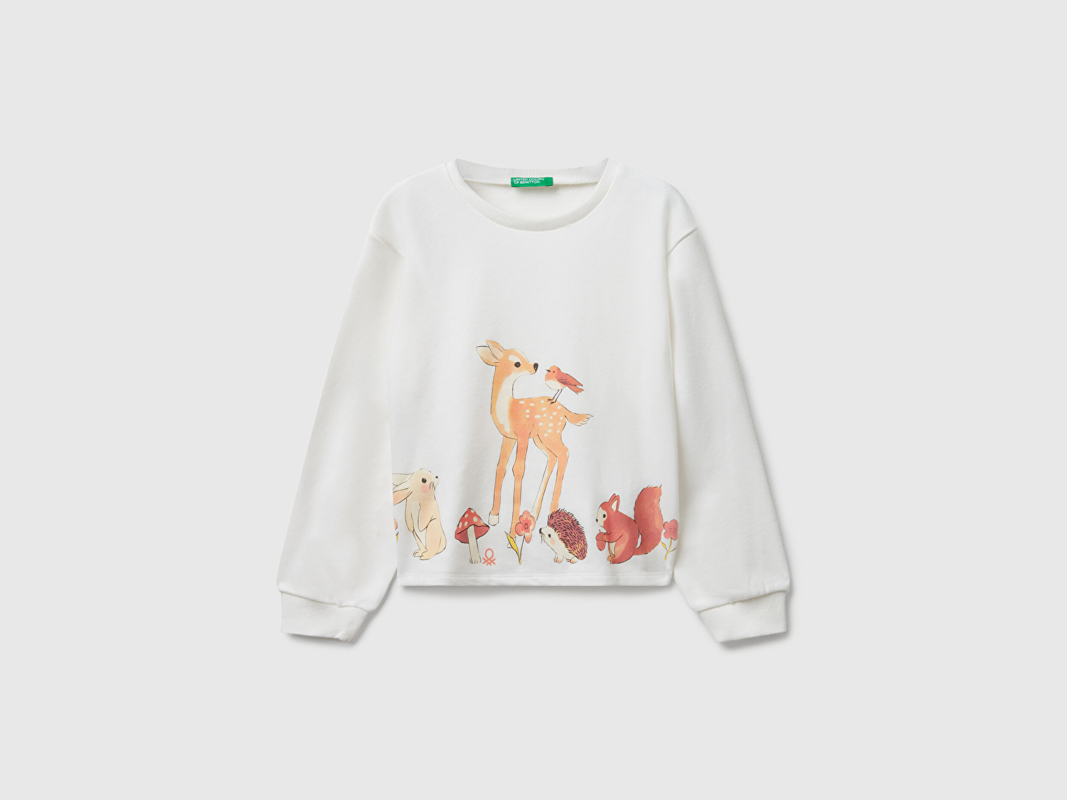Benetton Kız Bebek Ekru Önü Grafik Baskılı Ribanalı Oversize Sweatshirt