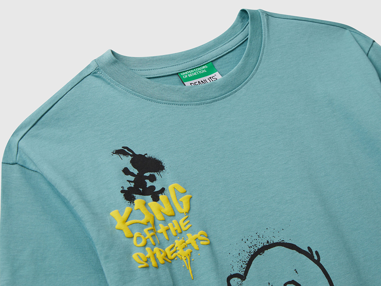Benetton Erkek Çocuk Gri-Yeşil Çok Renkli Peanuts Baskılı Kolu Logo Etiketli Comfort Fit T-shirt