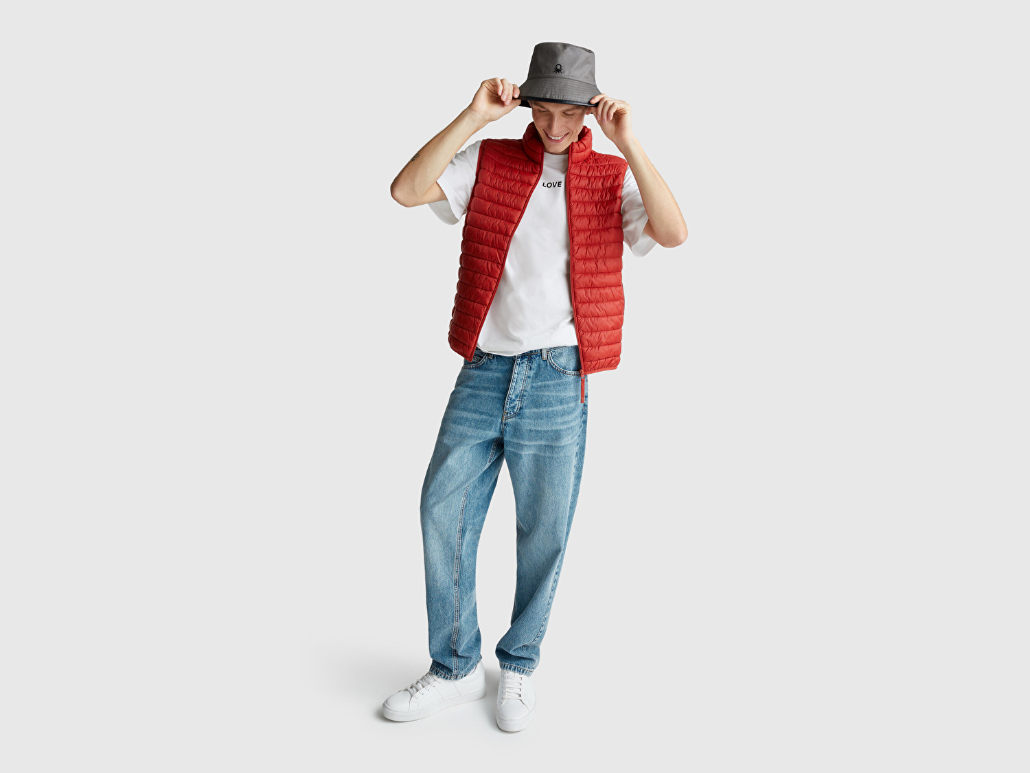 Benetton Erkek Beyaz-Love Baskılı %100 Pamuk Önü ve Arkası Baskılı T-Shirt