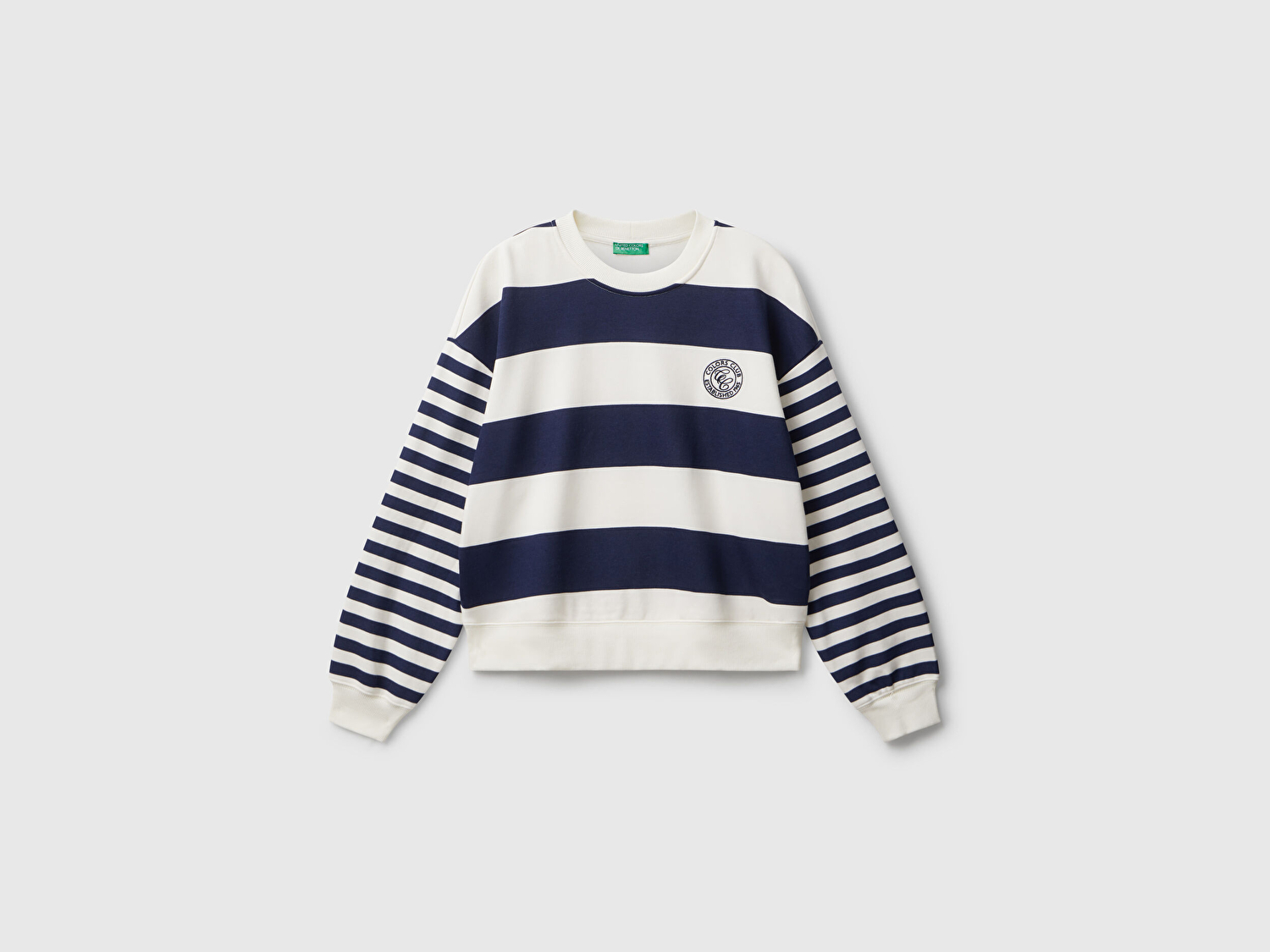 Benetton Kadın Lacivert Çizgili Pamuk Karışımlı Göğsü Logo Baskılı Renk Bloklu Sweatshirt