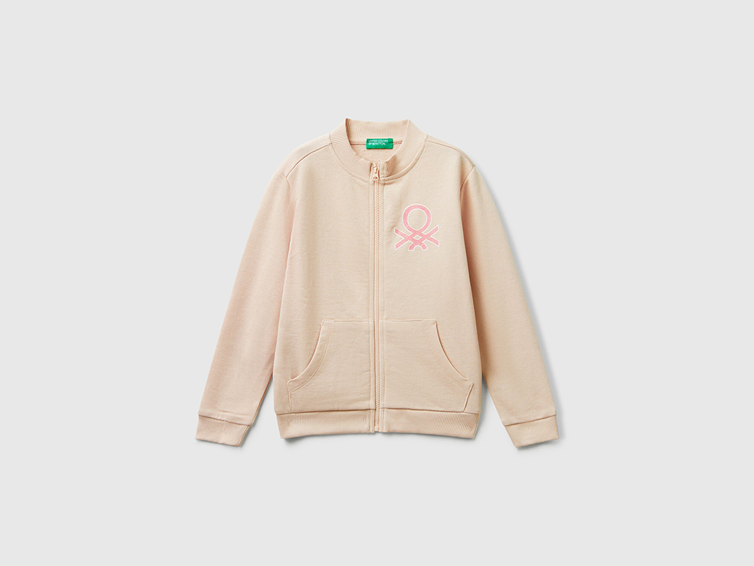 Benetton Kız Bebek Toz Pembe Simli Logo Baskılı Fermuarlı Ribanalı Regular Fit Sweatshirt