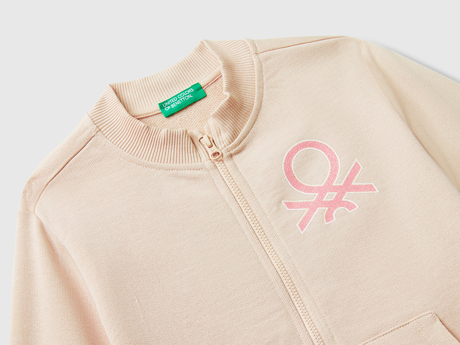 Benetton Kız Bebek Toz Pembe Simli Logo Baskılı Fermuarlı Ribanalı Regular Fit Sweatshirt