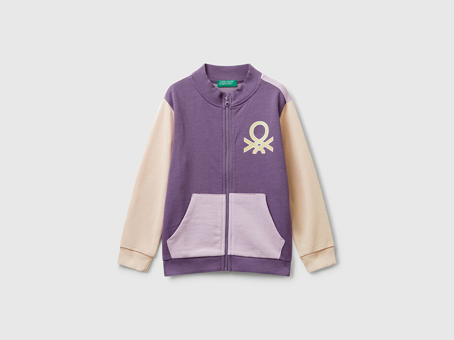 Benetton Kız Bebek Lila-Fuşya-Bej Simli Logo Baskılı Fermuarlı Ribanalı Regular Fit Sweatshirt