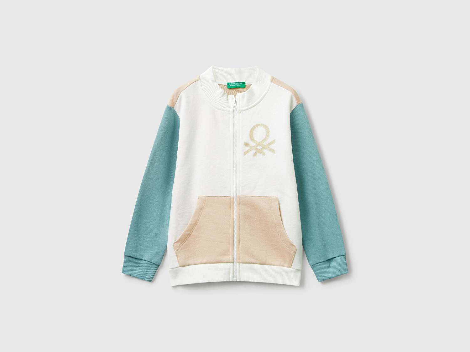 Benetton Kız Bebek Pembe-Beyaz Simli Logo Baskılı Fermuarlı Ribanalı Regular Fit Sweatshirt