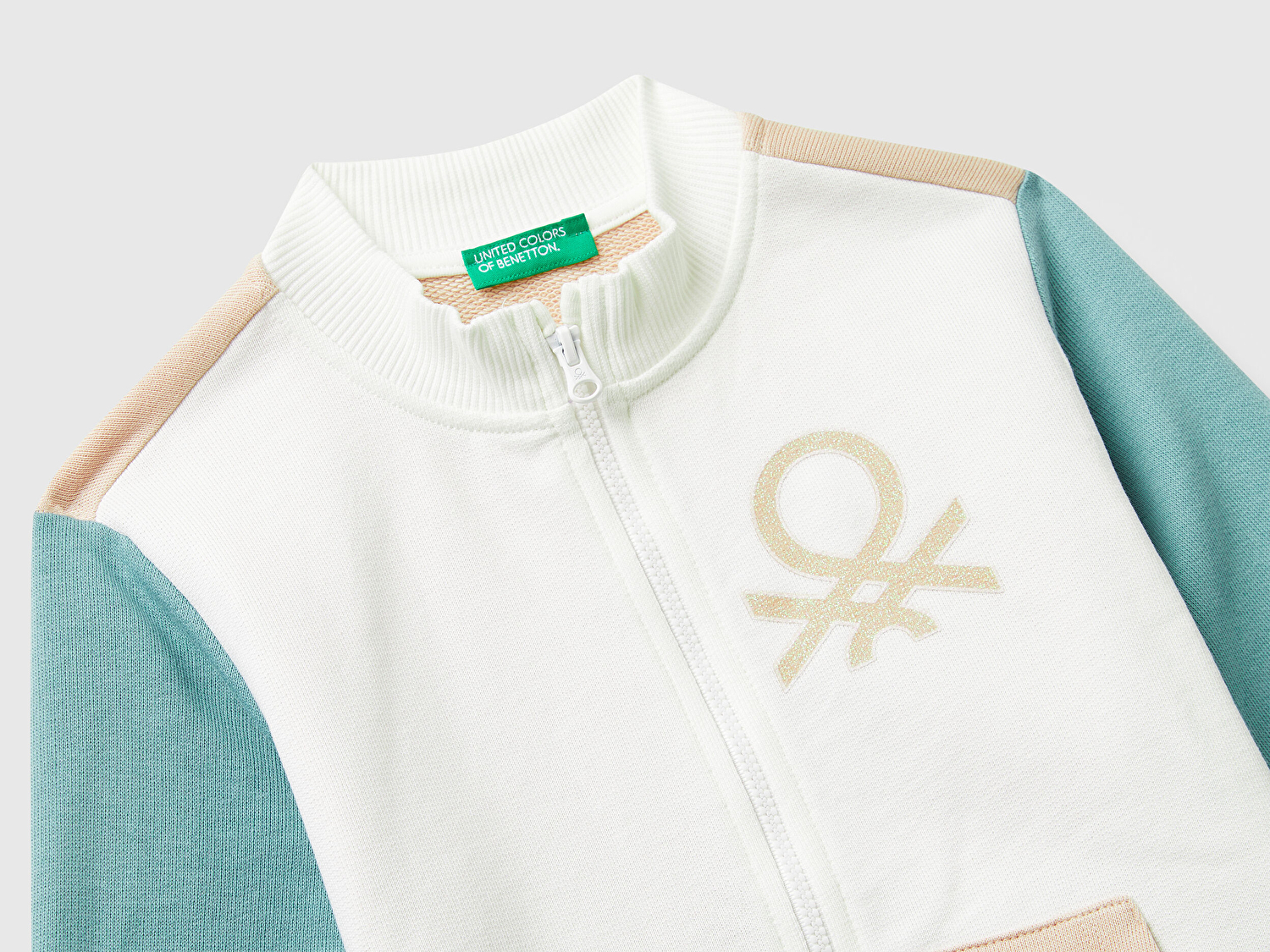 Benetton Kız Bebek Pembe-Beyaz Simli Logo Baskılı Fermuarlı Ribanalı Regular Fit Sweatshirt