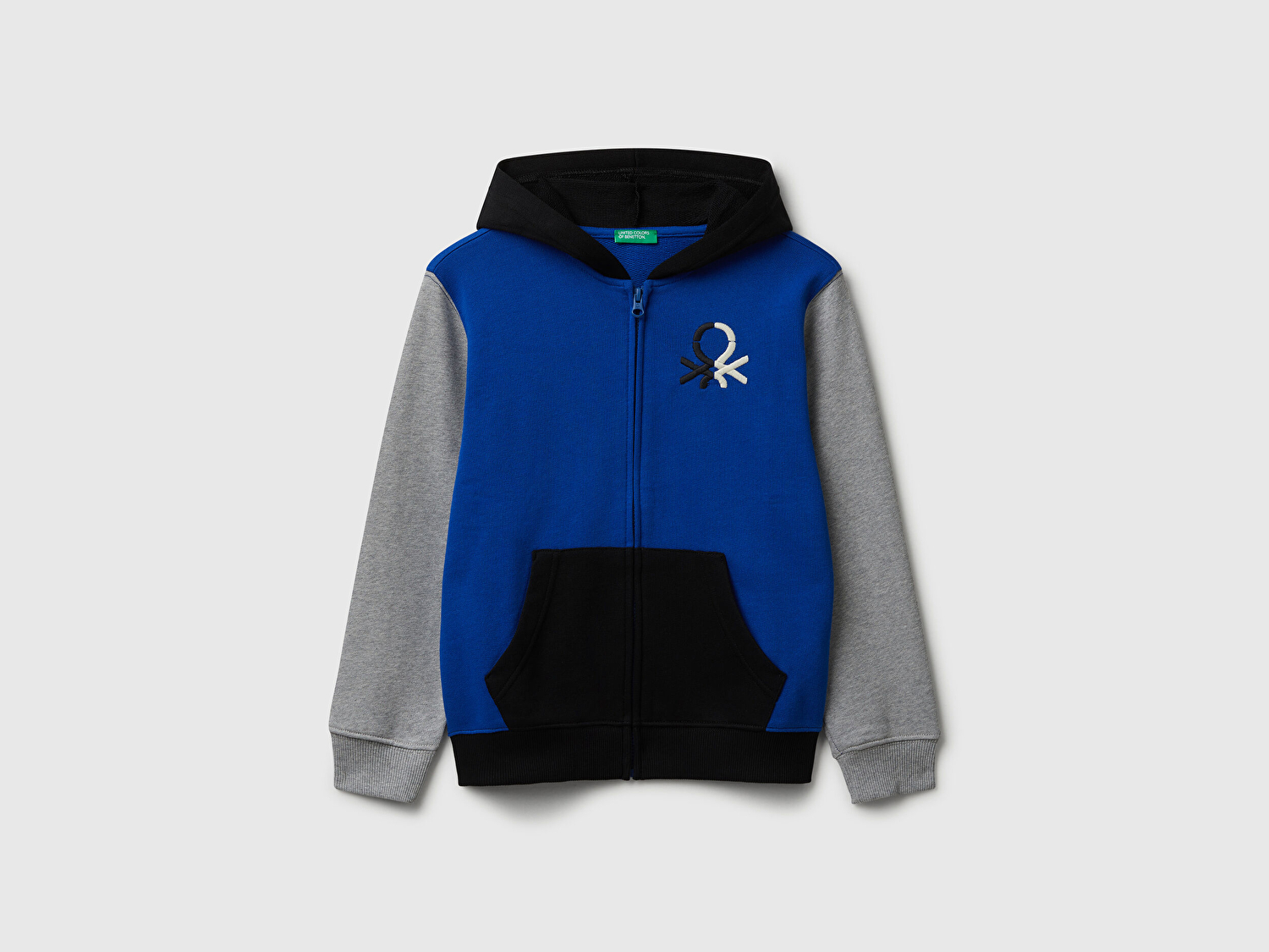 Benetton Erkek Çocuk Mavi-Gri Önü Logo Detaylı Fermuarlı Kapüşonlu Sweatshirt