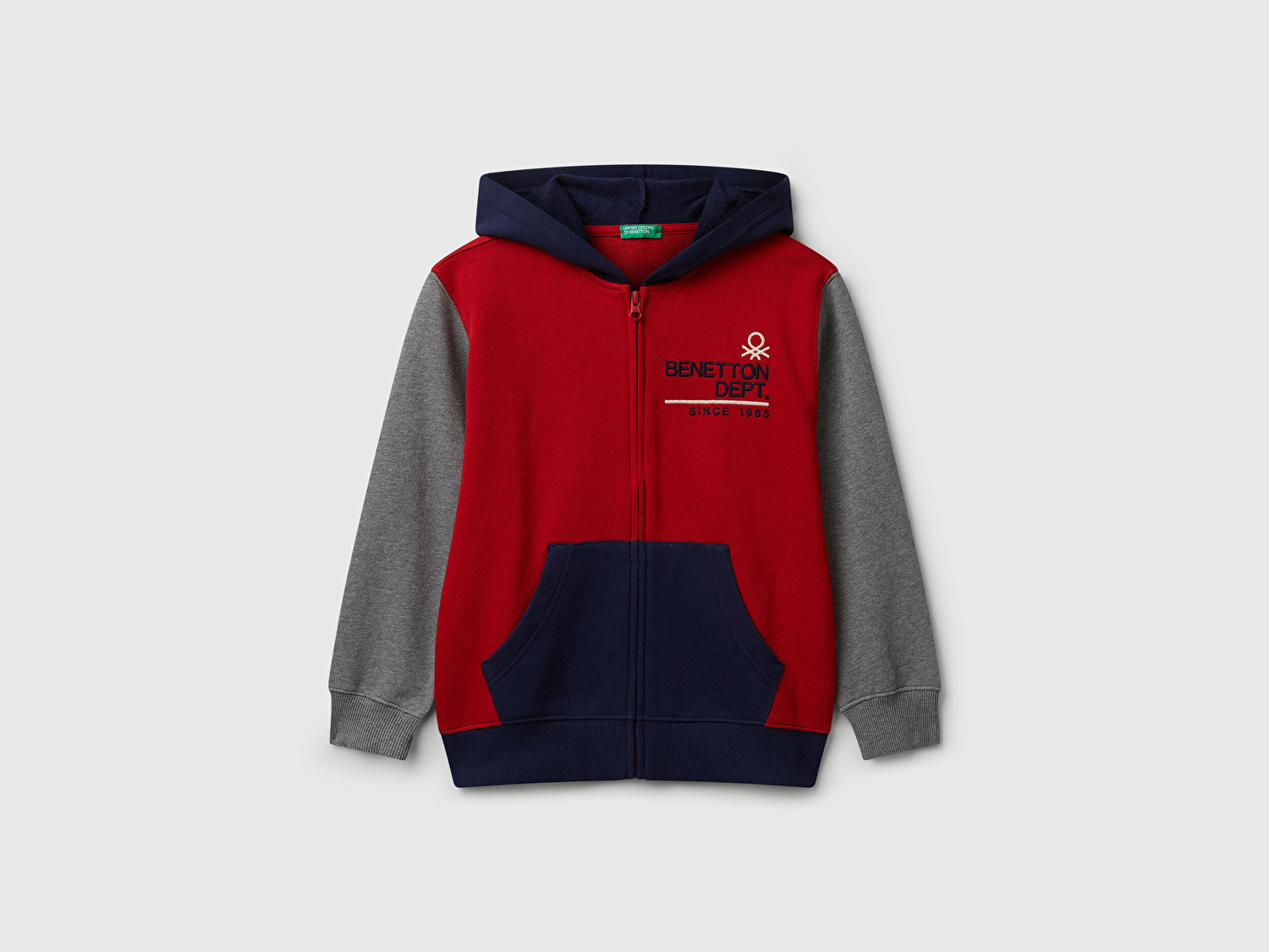 Benetton Erkek Çocuk Kırmızı-Gri Önü Logo Detaylı Fermuarlı Kapüşonlu Sweatshirt