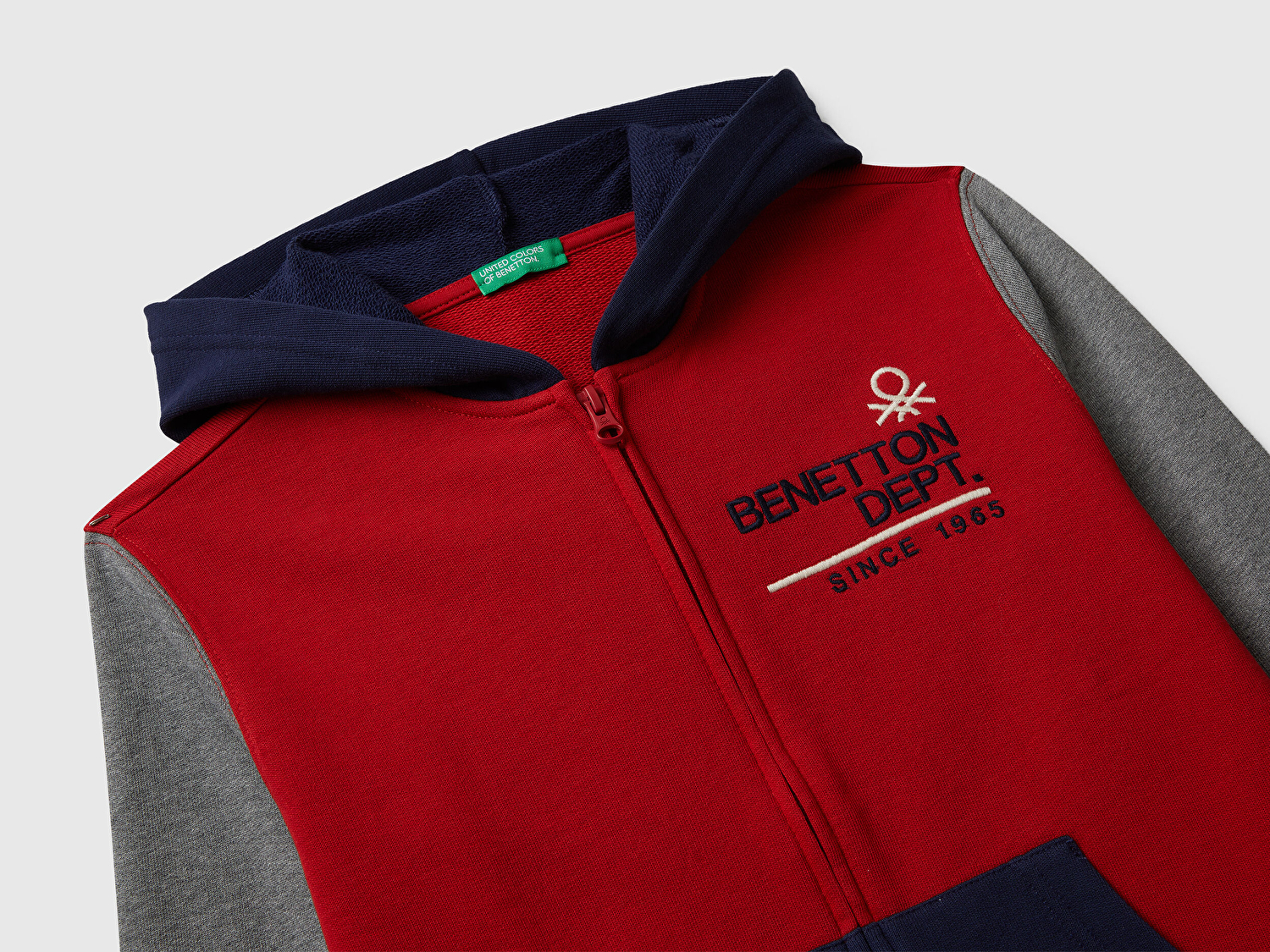 Benetton Erkek Çocuk Kırmızı-Gri Önü Logo Detaylı Fermuarlı Kapüşonlu Sweatshirt