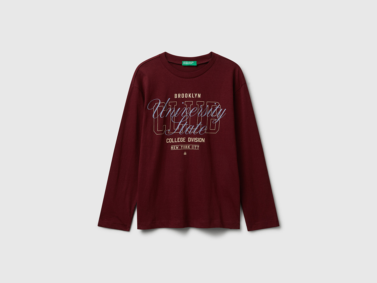 Benetton Erkek Çocuk Bordo Önü Baskılı Bisiklet Yaka Uzun Kollu Jarse T-shirt