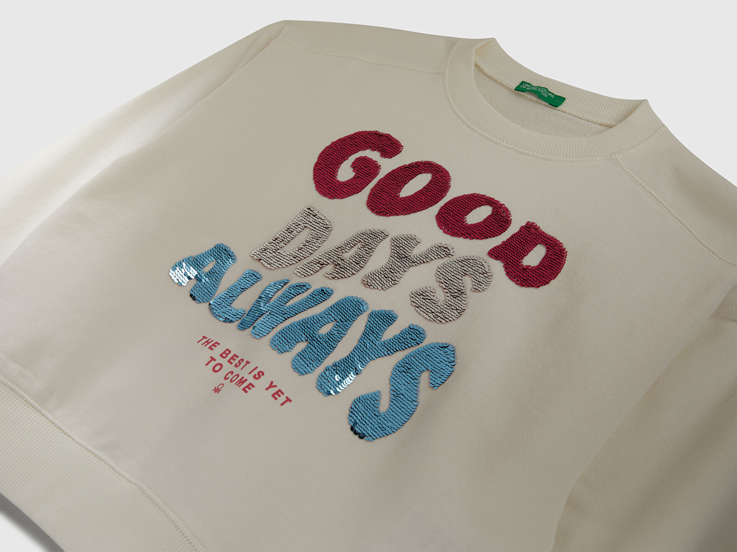 Benetton Kız Çocuk Ekru Önü Payetli Baskılı Ribanalı Relaxed Fit Sweatshirt