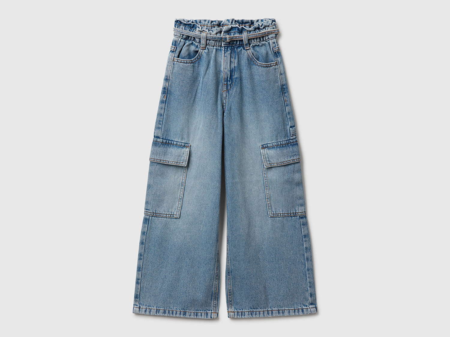 Benetton Kız Çocuk Koyu Mavi Beli Bağlamalı Kargo Stili Wide Fit Denim Pantolon