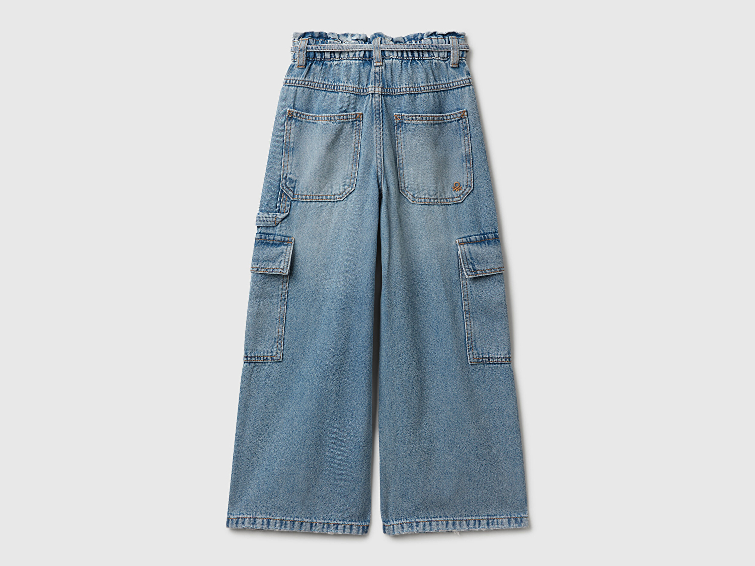 Benetton Kız Çocuk Koyu Mavi Beli Bağlamalı Kargo Stili Wide Fit Denim Pantolon