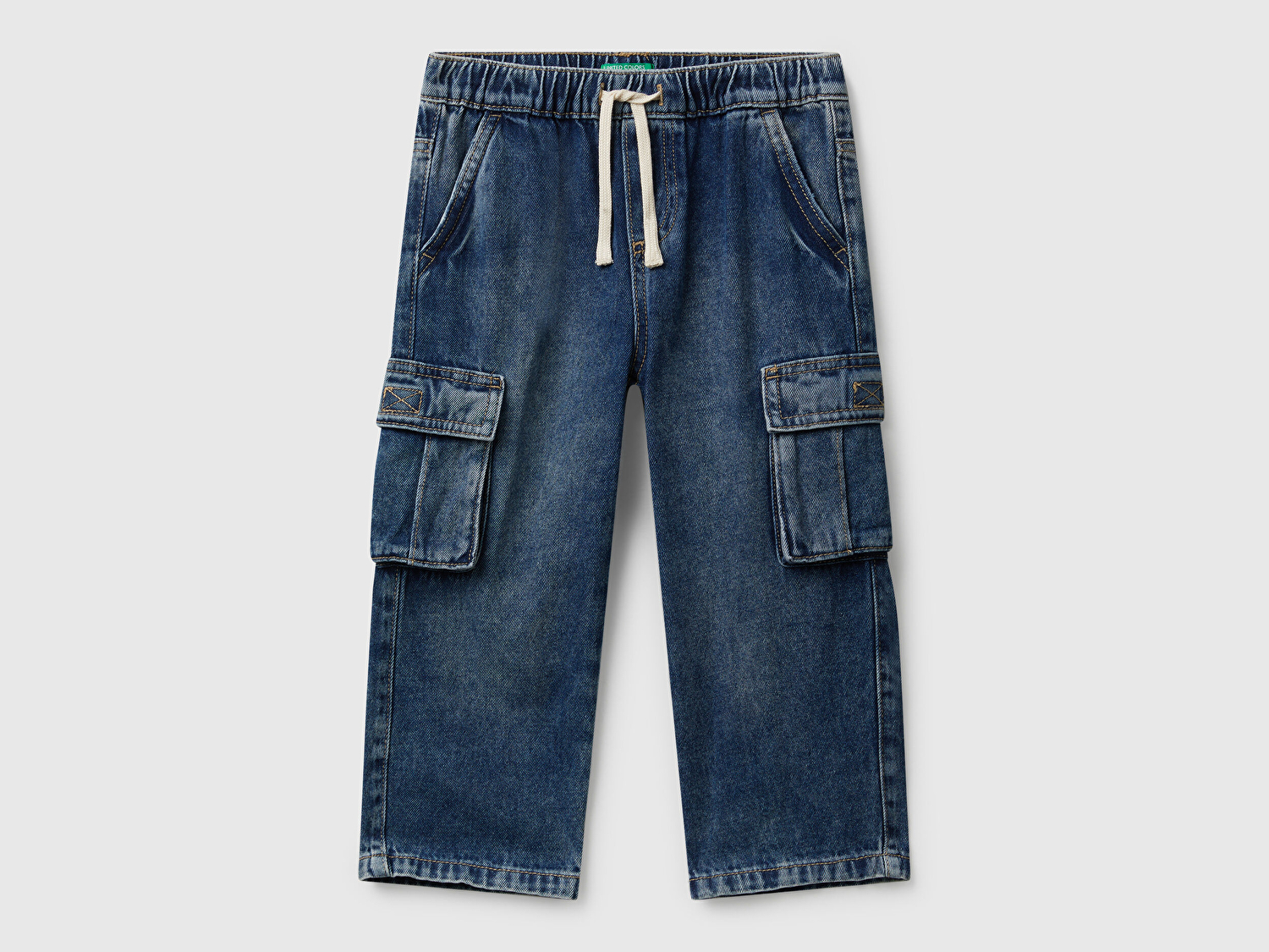 Benetton Erkek Bebek Koyu Mavi Arkası Logo Detaylı Yan Cepli Büzgü İpli Denim Pantolon