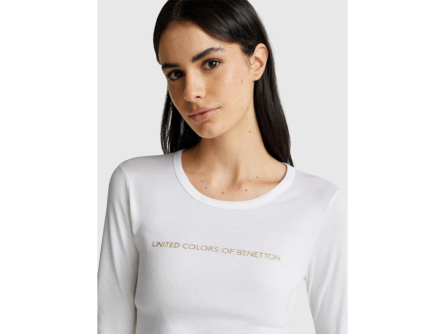 Benetton Kadın Beyaz %100 Koton Bisiklet Yaka Benetton Yazılı Uzun Kollu T-Shirt