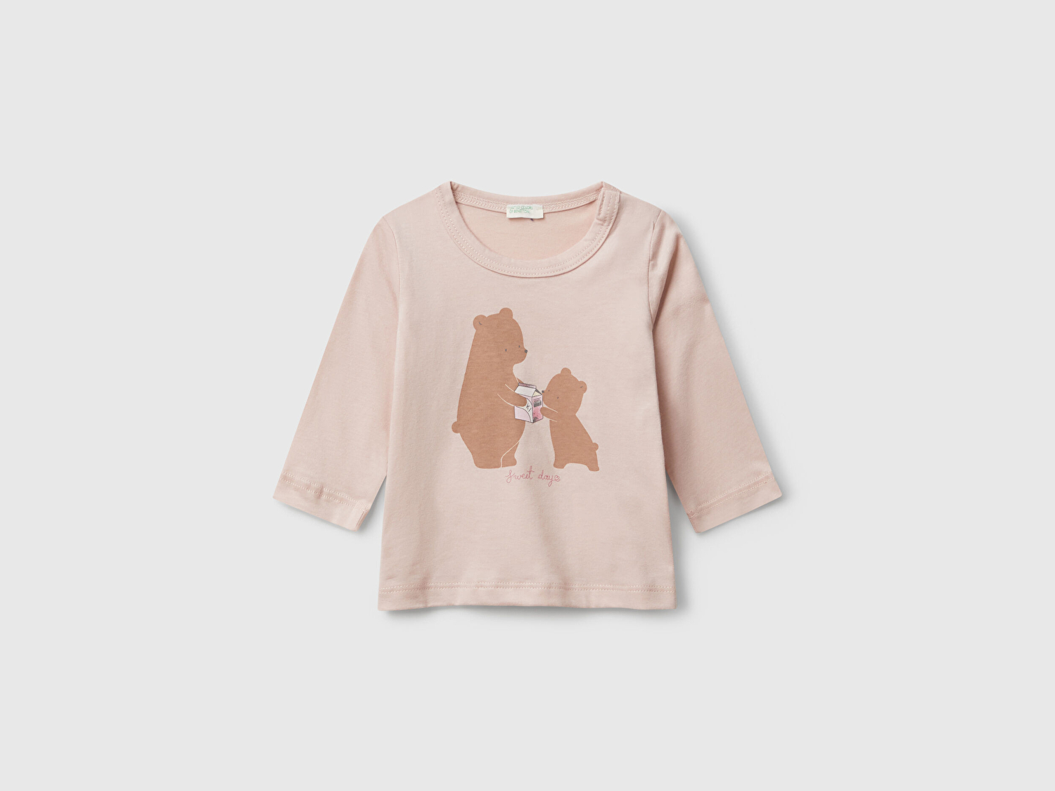 Benetton Bebek Toz Pembe Önü Baskılı Gizli Düğmeli Uzun Kollu T-shirt
