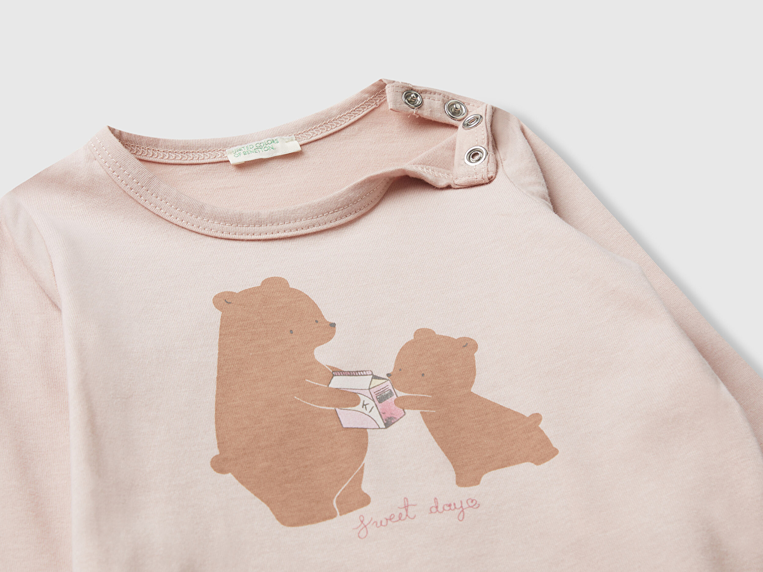 Benetton Bebek Toz Pembe Önü Baskılı Gizli Düğmeli Uzun Kollu T-shirt